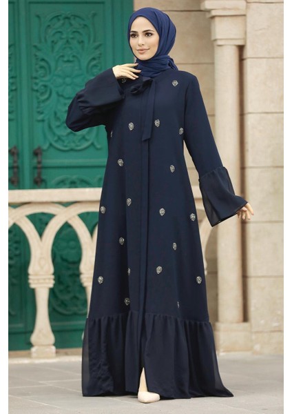 - Boncuk Detaylı Lacivert Tesettür Ferace 30072L