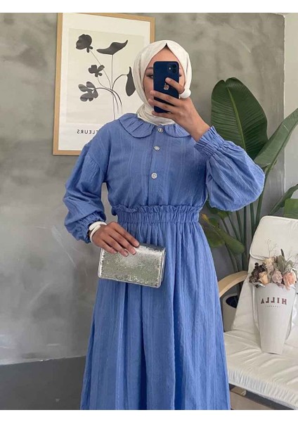 Bebe Yaka Mavi Tesettür Etekli Ikili Takım 30004M