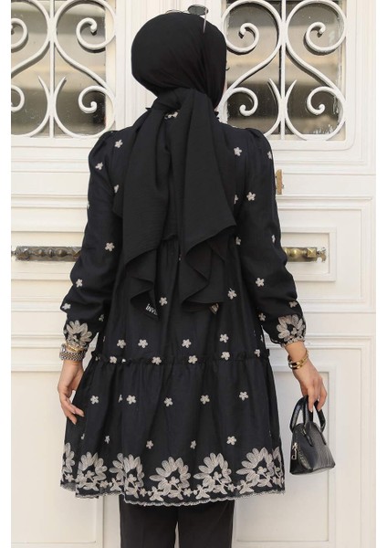 Desenli Siyah Tesettür Tunik 13821s modelleri