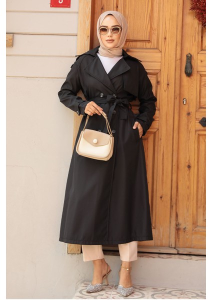Düğmeli Siyah Tesettür Trençkot 5949S