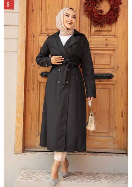 Düğmeli Siyah Tesettür Trençkot 5949S fiyatları