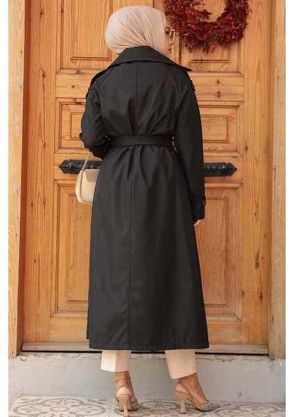 Düğmeli Siyah Tesettür Trençkot 5949S modelleri