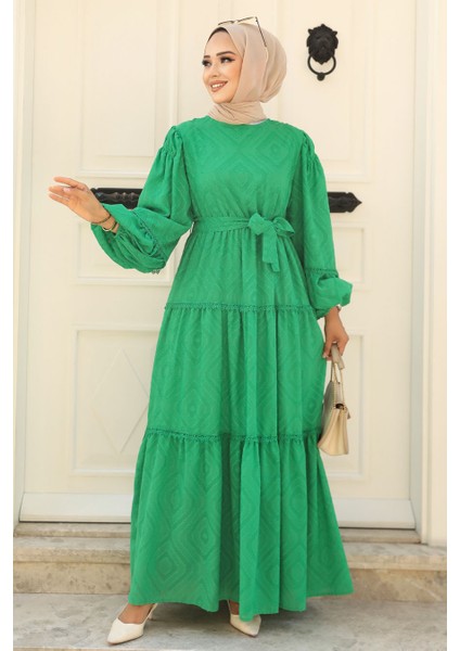 Kemerli Yeşil Tesettür Elbise 14131Y