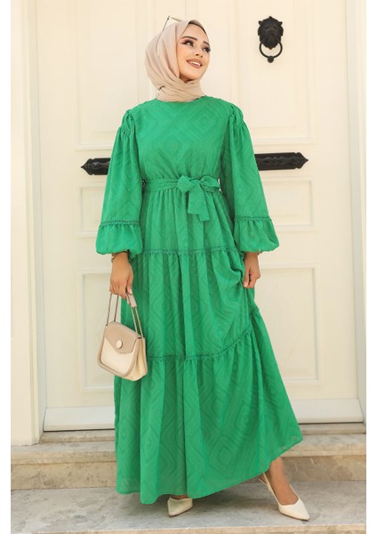 Kemerli Yeşil Tesettür Elbise 14131Y fiyatları