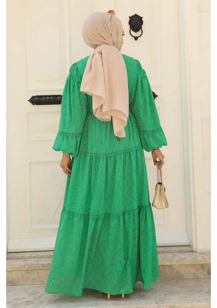 Kemerli Yeşil Tesettür Elbise 14131Y modelleri