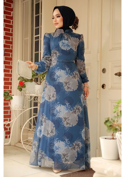 Çiçek Desenli İndigo Mavisi Tesettür Elbise 279323IM