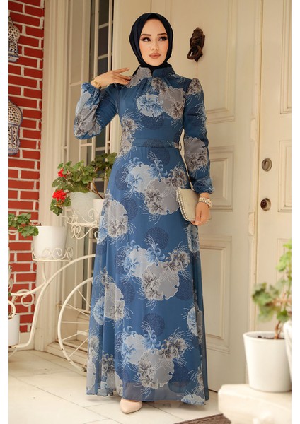 Çiçek Desenli İndigo Mavisi Tesettür Elbise 279323IM fiyatları