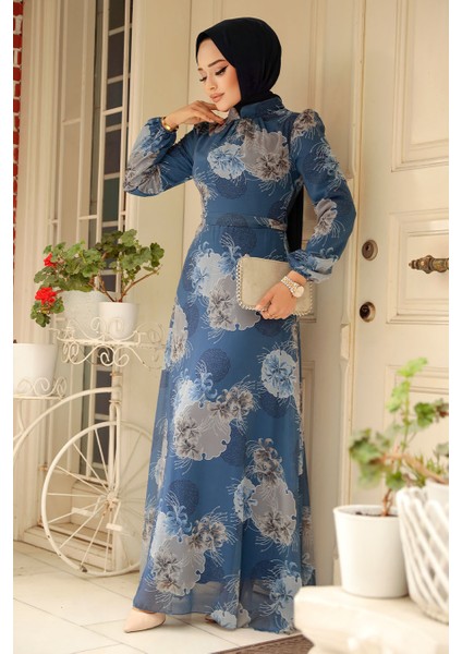 Çiçek Desenli İndigo Mavisi Tesettür Elbise 279323IM modelleri
