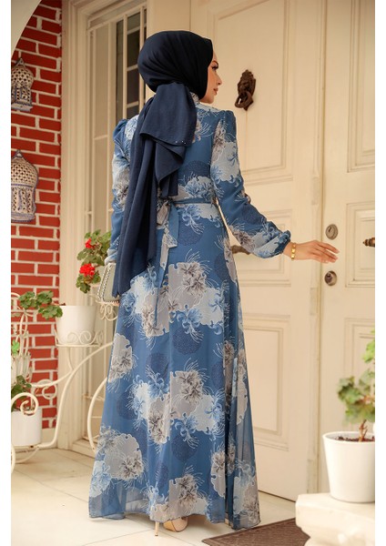 Çiçek Desenli İndigo Mavisi Tesettür Elbise 279323IM fırsatları
