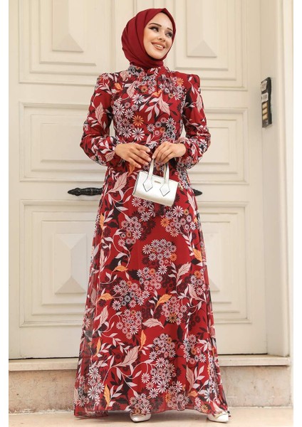 - Çiçek Desenli Bordo Tesettür Elbise 27950BR