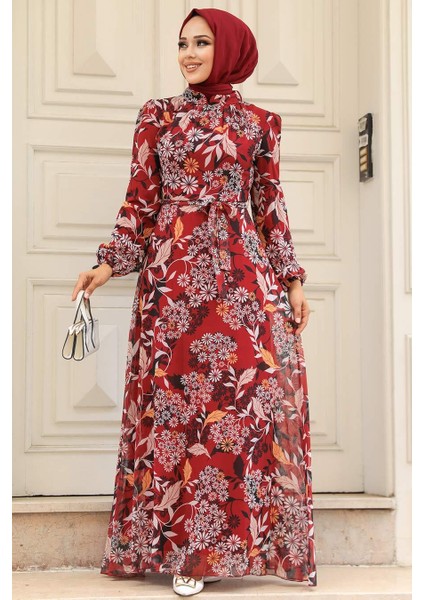 - Çiçek Desenli Bordo Tesettür Elbise 27950BR fiyatları