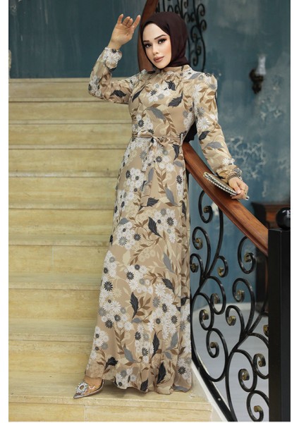 Çiçek Desenli Bisküvi Tesettür Elbise 27950BS