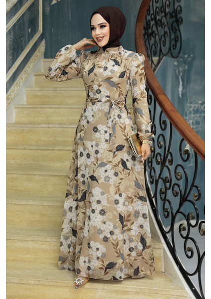 Çiçek Desenli Bisküvi Tesettür Elbise 27950BS fiyatları