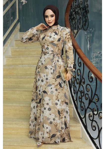 Çiçek Desenli Bisküvi Tesettür Elbise 27950BS modelleri