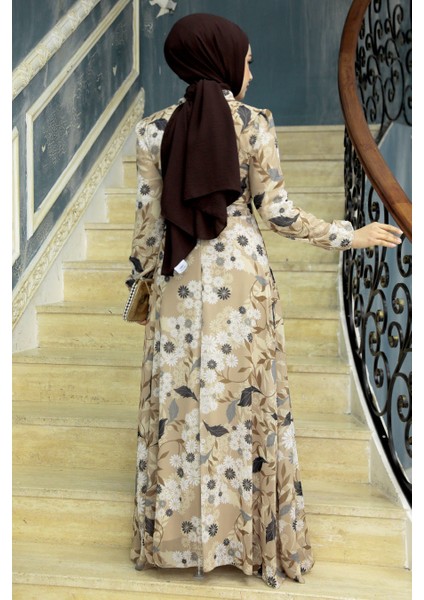 Çiçek Desenli Bisküvi Tesettür Elbise 27950BS fırsatları