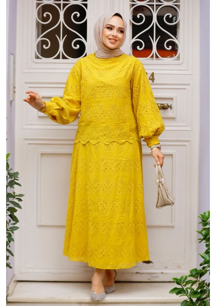 Güpürlü Hardal Tesettür Etekli Ikili Takım 14181HR