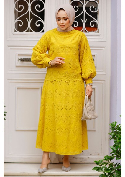 Güpürlü Hardal Tesettür Etekli Ikili Takım 14181HR fiyatları