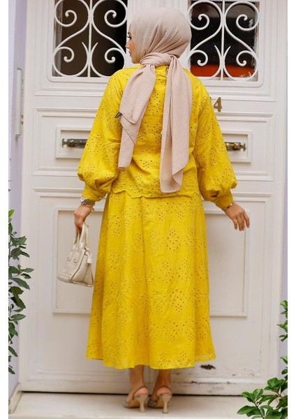 Güpürlü Hardal Tesettür Etekli Ikili Takım 14181HR modelleri