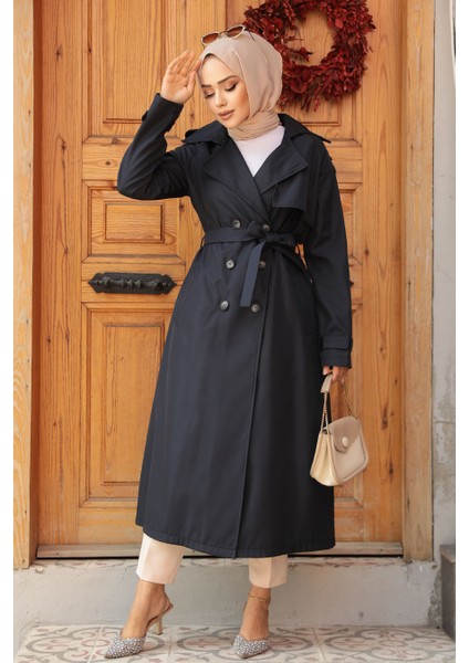 Düğmeli Lacivert Tesettür Trençkot 5949L