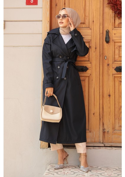 Düğmeli Lacivert Tesettür Trençkot 5949L fiyatları