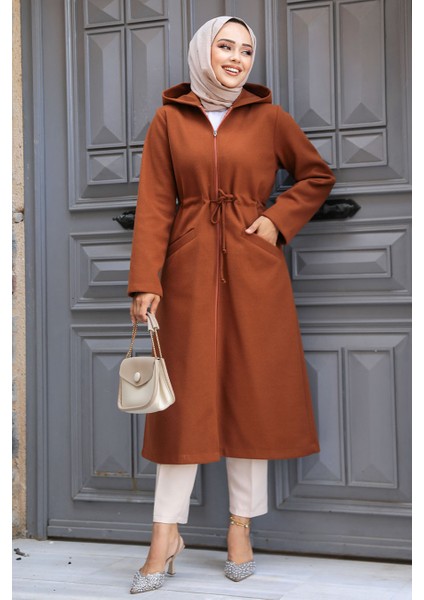 Kapşonlu Taba Tesettür Kaşe Kap 5947TB