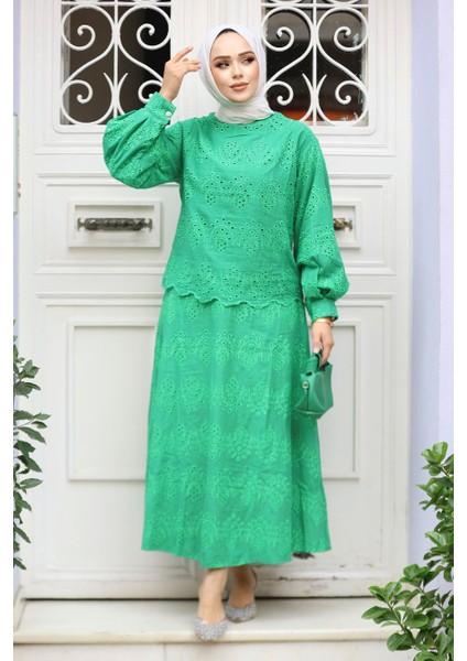 Güpürlü Zümrüt Yeşili Tesettür Etekli Ikili Takım 14181ZY fiyatları