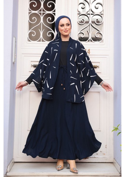 Desenli Lacivert Tesettür Ikili Kimono Takım 12892L