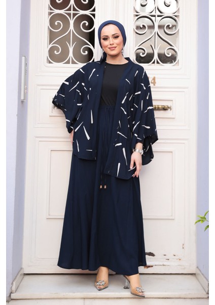 Desenli Lacivert Tesettür Ikili Kimono Takım 12892L fiyatları