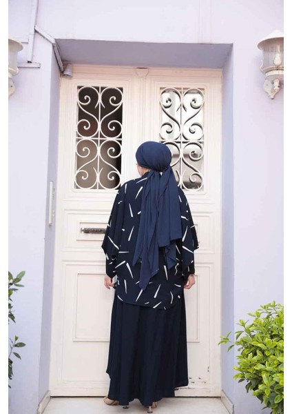 Desenli Lacivert Tesettür Ikili Kimono Takım 12892L fırsatları
