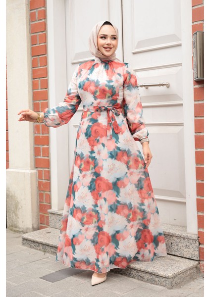 Çiçek Desenli Mercan Tesettür Elbise 279917MR