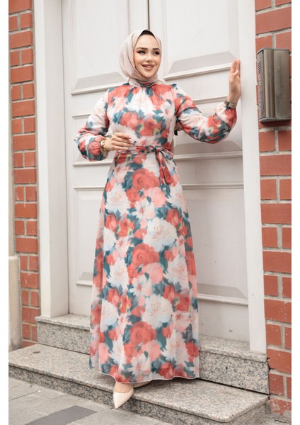 Çiçek Desenli Mercan Tesettür Elbise 279917MR fiyatları