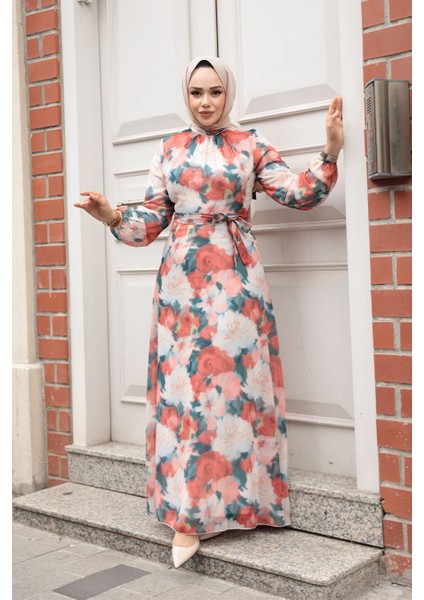 Çiçek Desenli Mercan Tesettür Elbise 279917MR modelleri