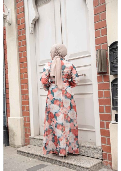 Çiçek Desenli Mercan Tesettür Elbise 279917MR fırsatları