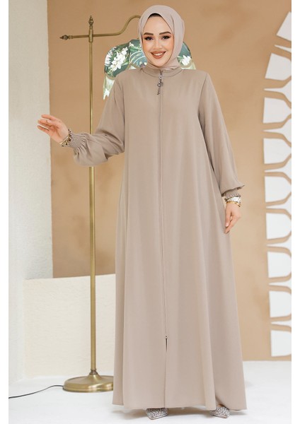 Fermuarlı Bej Tesettür Ferace 45287BEJ