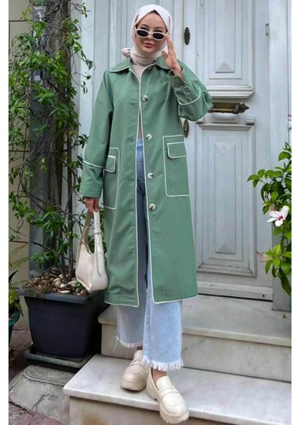 Düğmeli Çağla Yeşili Tesettür Trençkot 9206CY