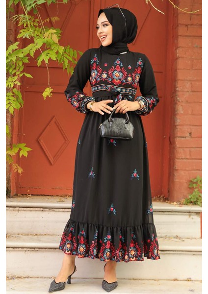 Çiçek Desenli Siyah Tesettür Elbise 23231S
