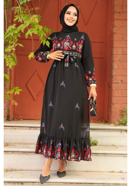 Çiçek Desenli Siyah Tesettür Elbise 23231S fiyatları