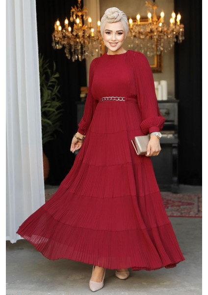 Kat Piliseli Bordo Tesettür Elbise 44761BR