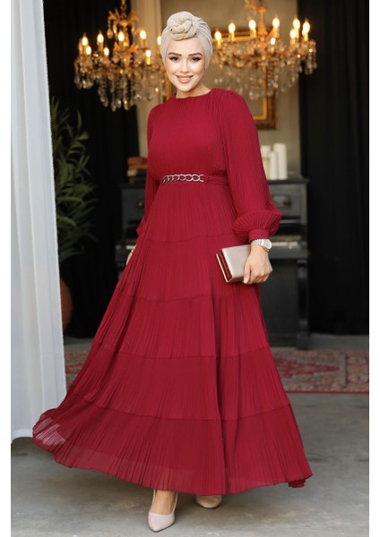 Kat Piliseli Bordo Tesettür Elbise 44761BR fiyatları