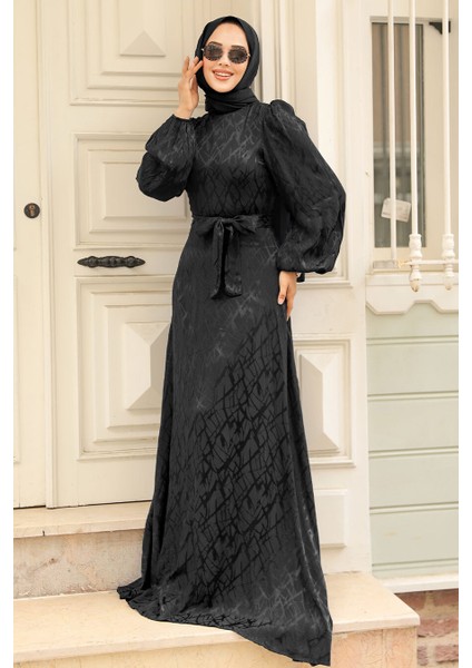 Desenli Siyah Tesettür Elbise 23272S