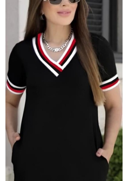 Kadın Kısa Kollu V Yaka ve Yaka Ribana Detay Midiboy Viskon Elbise fiyatları