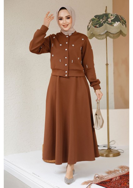 Boncuk Detaylı Taba Tesettür Etekli Ikili Takım 1277TB fiyatları