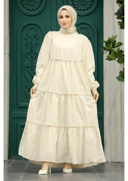- Kat Piliseli Krem Tesettür Poplin Elbise 57342KR