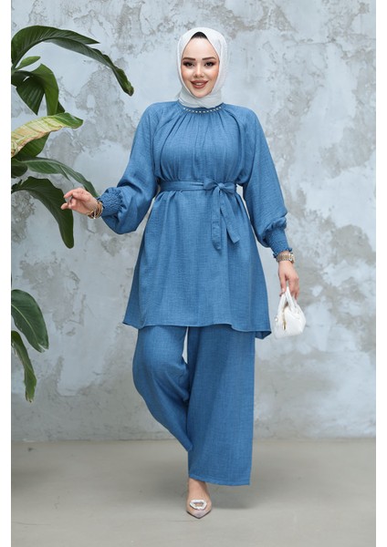 Kemerli Indigo Mavisi Tesettür Ikili Takım 44691IM