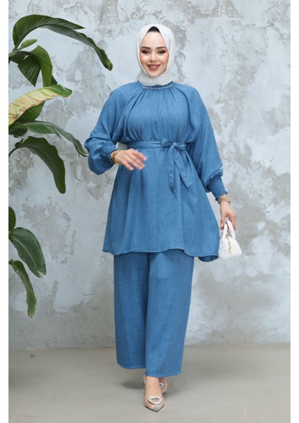 Kemerli Indigo Mavisi Tesettür Ikili Takım 44691IM fiyatları