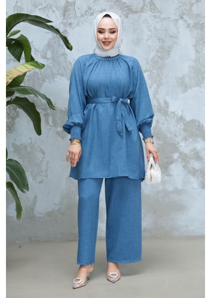 Kemerli Indigo Mavisi Tesettür Ikili Takım 44691IM modelleri