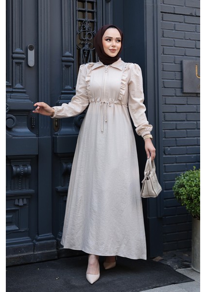 Fermuarlı Bej Tesettür Elbise 17021BEJ