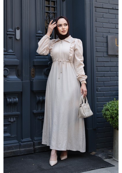 Fermuarlı Bej Tesettür Elbise 17021BEJ fiyatları