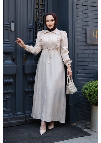 Fermuarlı Bej Tesettür Elbise 17021BEJ modelleri