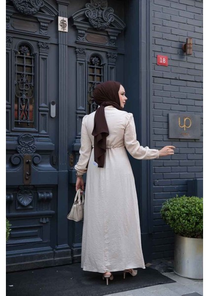 Fermuarlı Bej Tesettür Elbise 17021BEJ fırsatları